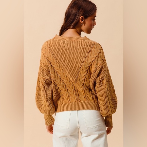 NWT So Me Camel Brown Mineral Washed Cable Knit Ribbed Boho Bubble Sweater XL - Picture 7 of 7